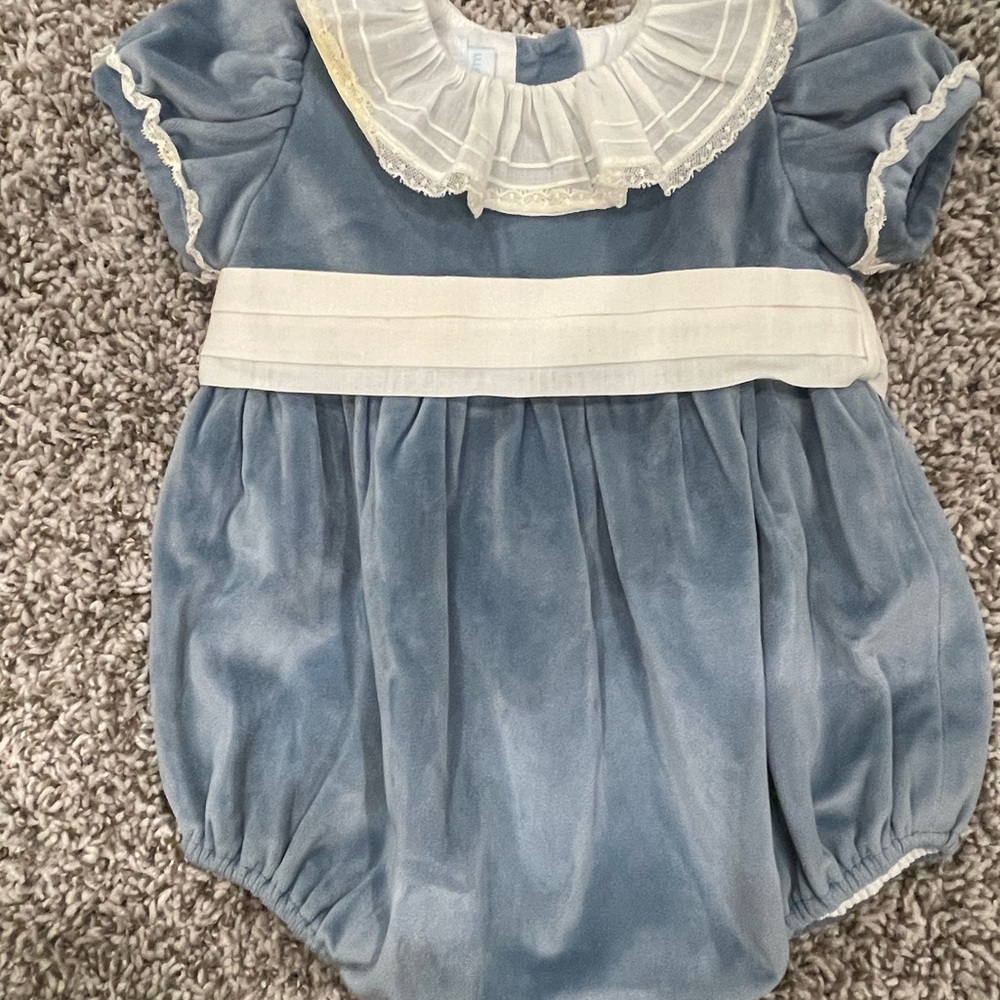 Blue Velvet Baby Romper with White Accents
